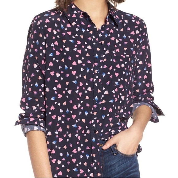 Rails Tops - Rails Kate Corazon Hearts Blouse Button Down Silk Long Sleeve Navy Blue Medium